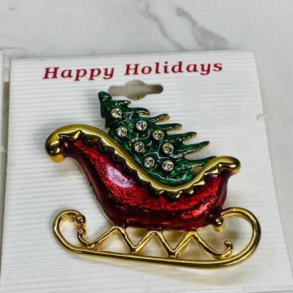 Vintage Enameled Christmas Santa's Sleigh and Santa Claus Brooch Set of 2 - Picture 3 of 4